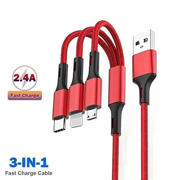 3 In 1 Fast Charging Cord Cable Charge For IPhone Android Micro USB Type C Cable