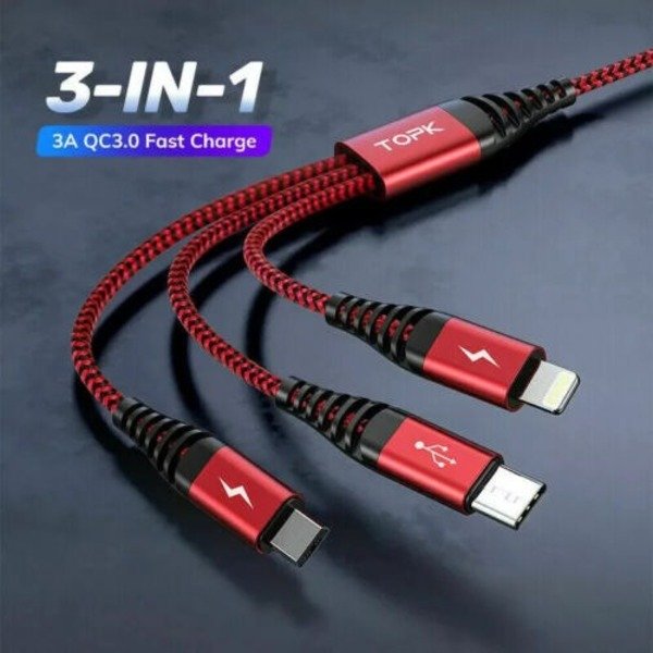 3 in 1 Multi USB Cable Fast Charger Type C 1.2m Lead For IOS, Samsung,Huawei