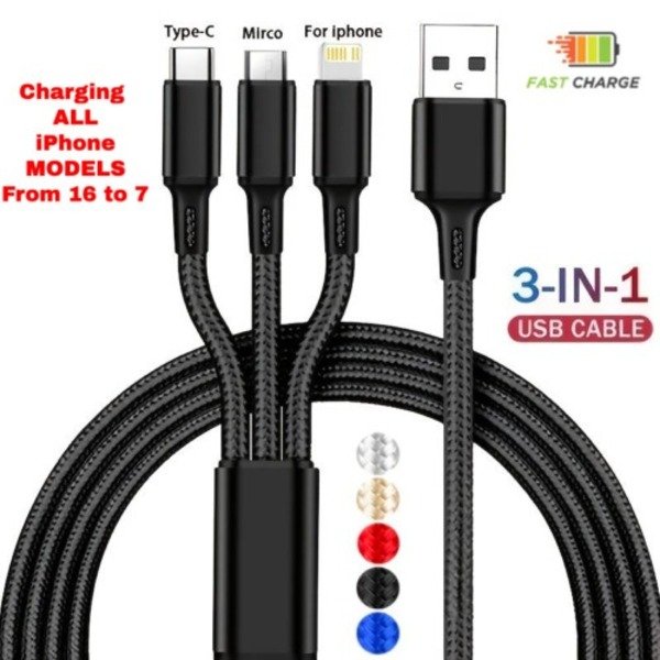 3 in 1 Multi USB Cable Fast Charger Type C 1.2m Lead For IOS, Samsung,Huawei