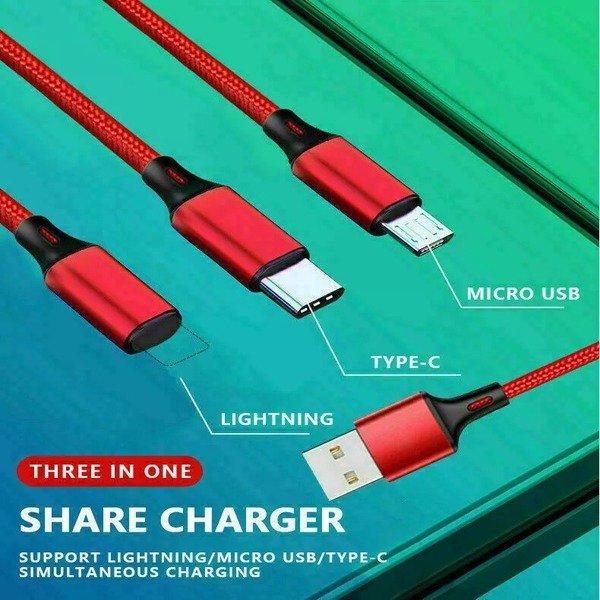 3 in 1 Multi USB Cable Fast Charger Type C 1.2m Lead For IOS, Samsung,Huawei