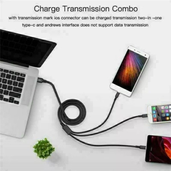 3 in 1 Multi USB Cable Fast Charger Type C 1.2m Lead For IOS, Samsung,Huawei