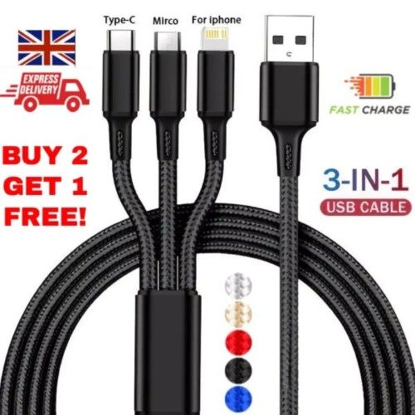3 in 1 Multi USB Cable Fast Charger Type C 1.2m Lead For IOS, Samsung,Huawei