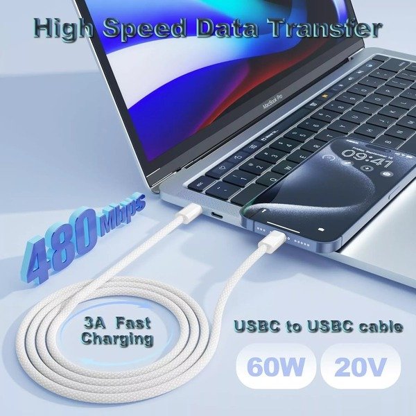 Braided USB C to C 1M 2M iPhone 15,16,S24,S23 Charging Cable Cable Fast Charging