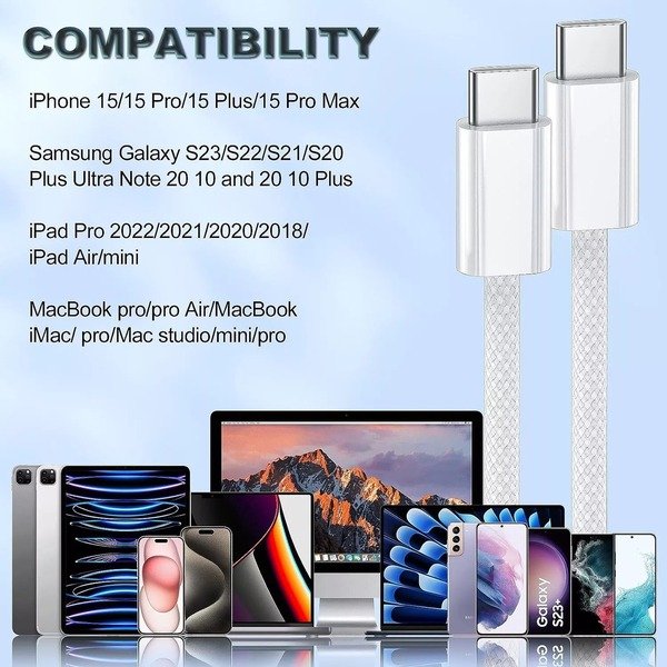 Braided USB C to C 1M 2M iPhone 15,16,S24,S23 Charging Cable Cable Fast Charging